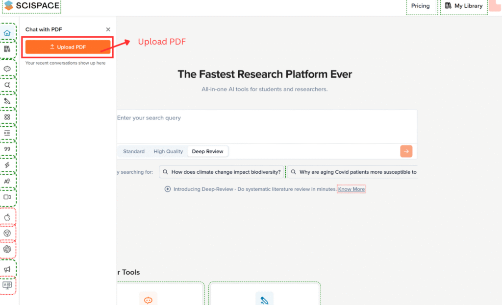 Upload PDF in Scispace